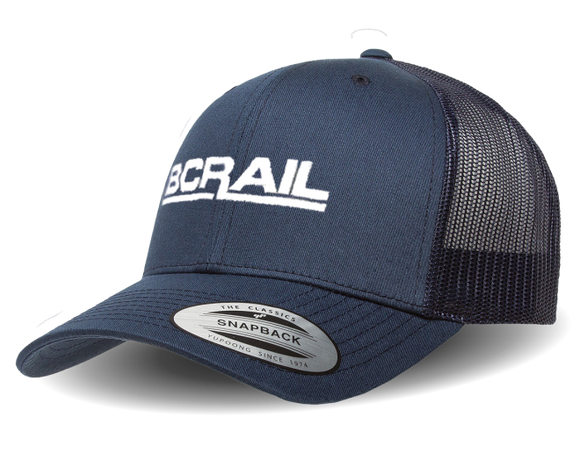 BC Rail (New Logo) - Retro Trucker Style Mesh Snapback Cap - Navy Blue