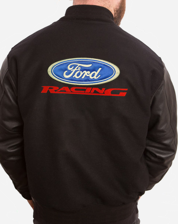Classic Ford Racing (Modern) Logo - Retro Varsity Leather Melton Jacket