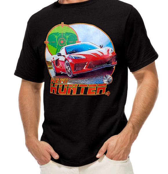Chevrolet - C8 New Corvette - Hemi Hunter Black Mens T-shirt Cars Automotive Closeup Casual Ts Apparel and Souvenirs
